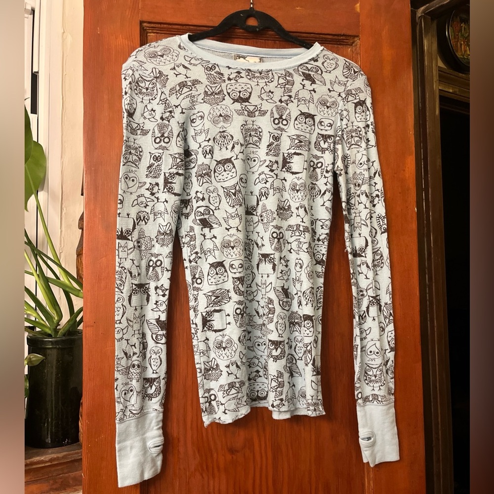 Delias Y2K Owl Printed Long Sleeve Mini Blue Thermal With Gameboy Thumbs Size M